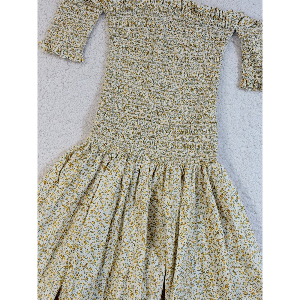 Petersyn XS Floral Smocked Off The Shoulder Handkerchief Hem Midi Dress Yellow